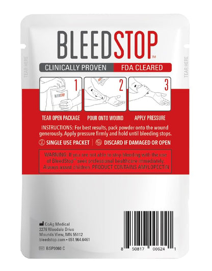 BleedStop™ First Aid Powder for Blood Clotting, Trauma Kit, Blood Thinner Patients, Camping Safety, and Survival Equipment for Moderate to Severe Bleeding Wounds or Nosebleeds - 4 (15g) Pouches
