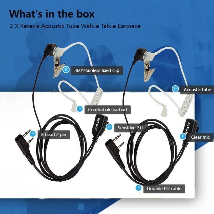 Retevis Walkie Talkie Earpiece with Mic, Comfortable Acoustic Tube, for RT22 RT68 RT21 H-777 RT86A, Compatible with Kenwood Baofeng BF-888S BF-T26 Pxton Walkie Talkies, Surveillance Headset(2 Pack)