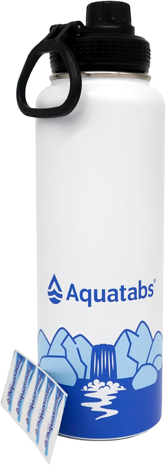Aquatabs Insulated Stainless Steel Water Purifier Water Bottle with 30 Water Purification Tablets, BPA Free Water Purification Bottle Alternative to Filtered Water Bottle.
