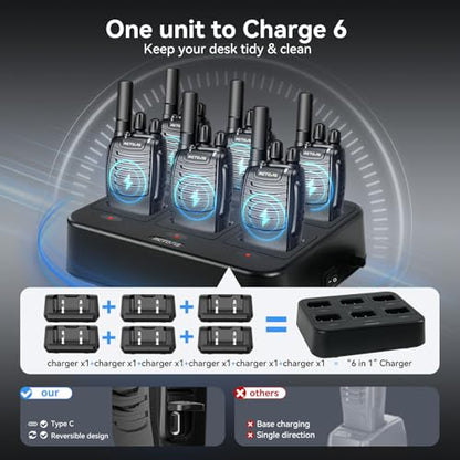 Case of 6,Retevis H-777 Walkie Talkies for Adults Long Range, Rechargeable Two-Way Radios,with 6-Way Multi Unit Charger,Flashlight Handheld Business 2 Way Radios