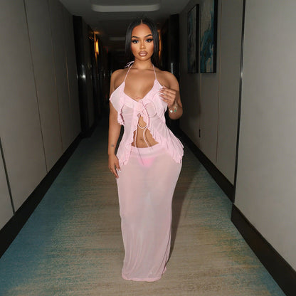 Sexy Transparent Set with Belted Sleeveless Cardigan and Fashionable Long Skirt Two-Piece Set for Women