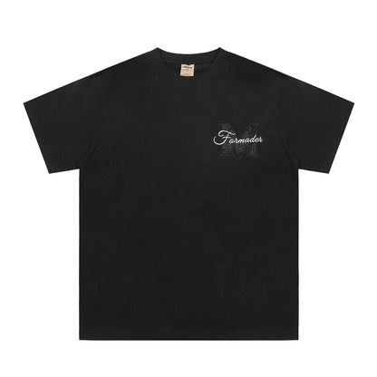 Niche High Street Floral Letter Print Short Sleeve T-Shirt INS Trendy American Summer Men's Casual Crew Neck Half Sleeve