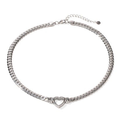Stainless steel Cuban chain heart-shaped necklace with hollowed out flat snake chain heart pendant necklace for women