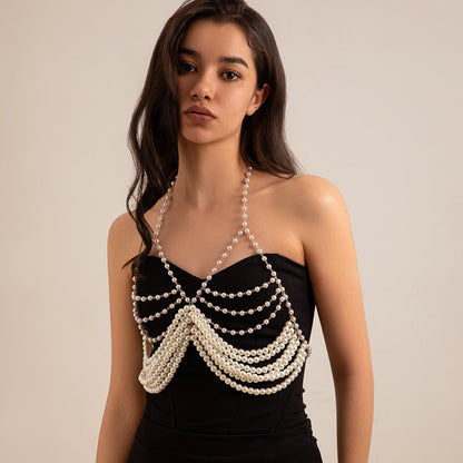 Sexy vacation style pearl bra, clothing chain, bikini chain body