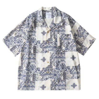 Cool bamboo knot imitation linen weave Cuban collar short sleeved shirt