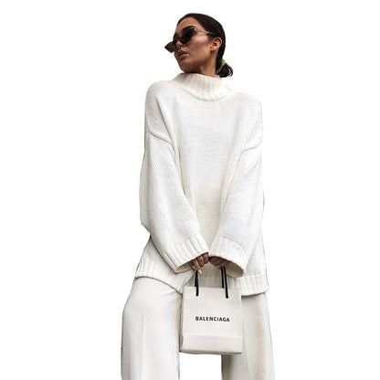 Knitted pullover loose irregular thick sweater high neck knitted sweater