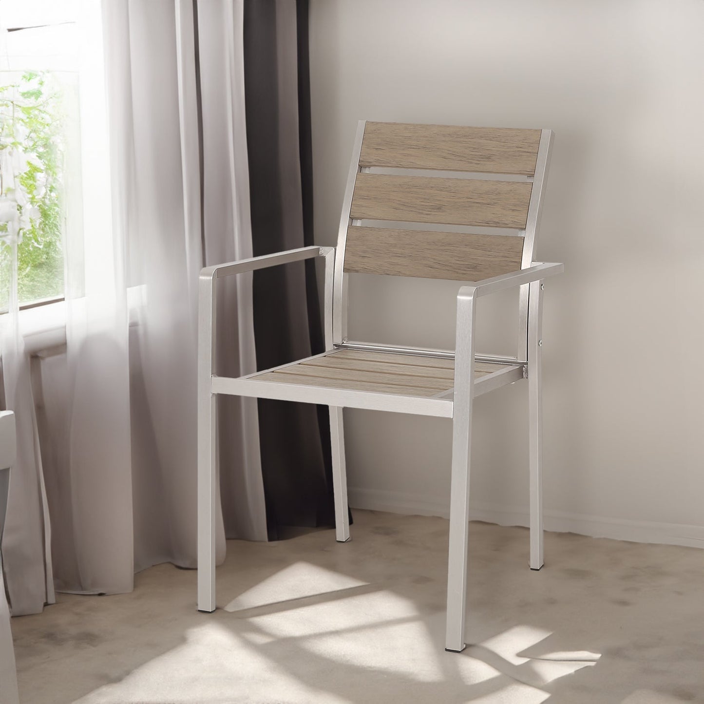 Outdoor Modern Aluminum Dining Chair with Faux Wood Seat (Set of 2), Natural and Silver