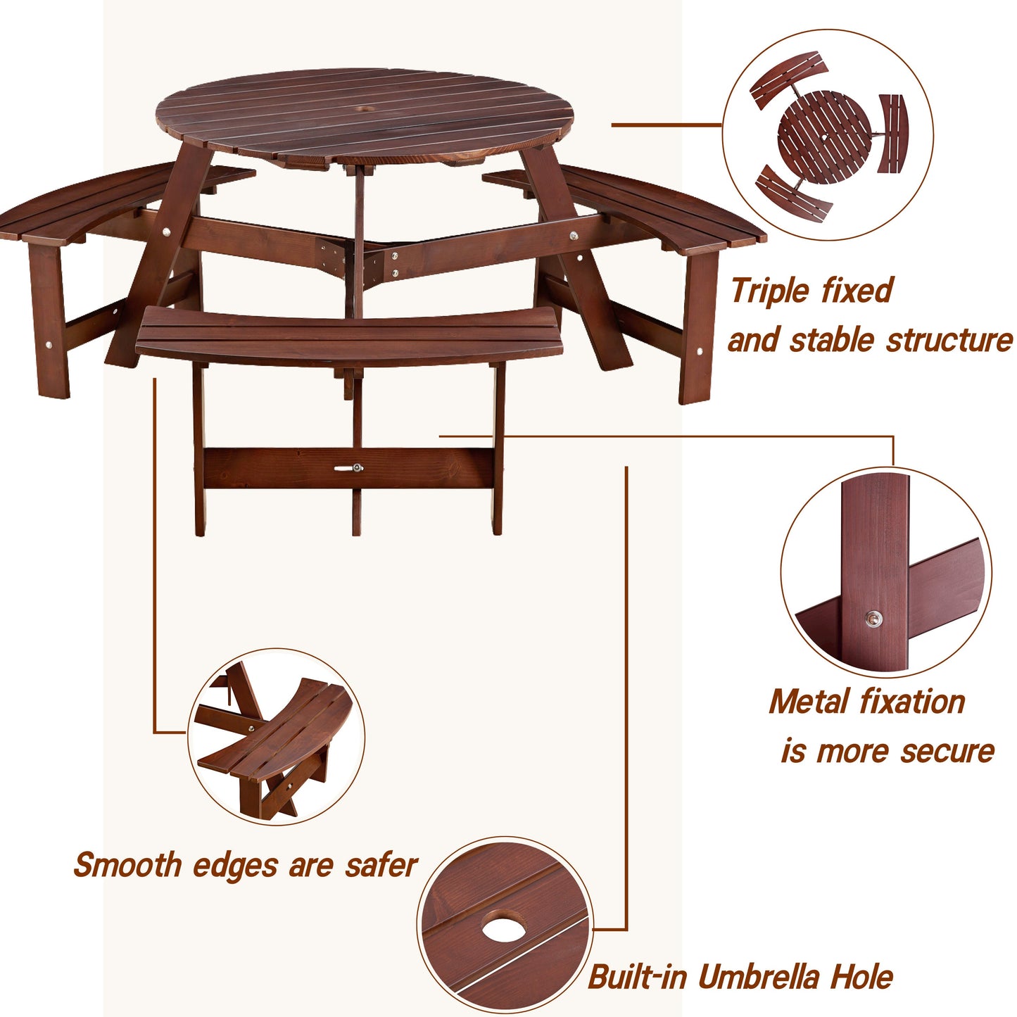 6-person circular picnic table with 3 built-in benches, umbrella holes, outdoor tables and chairs brown bench set