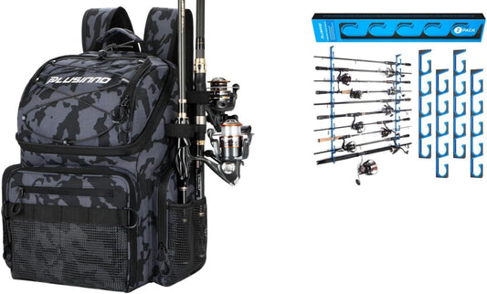PLUSINNO Fishing Backpack with Rod Holders & Cooler and H5 Horizontal Fishing Rod/Pole Holders for Garage