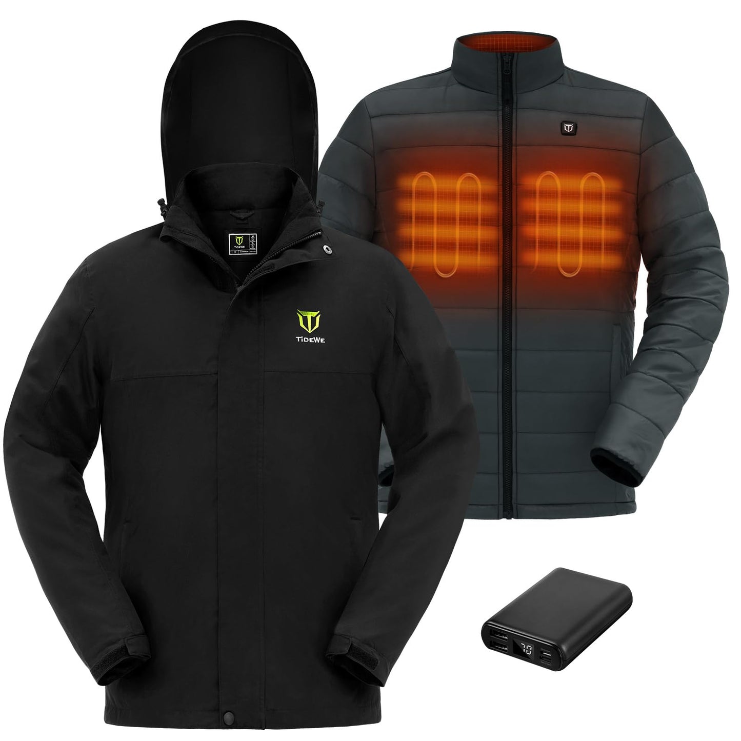 TIDEWE Men’s Heated Jacket 3-in-1 with Hood and Battery Pack, Heated Coat for Hunting, Skiing