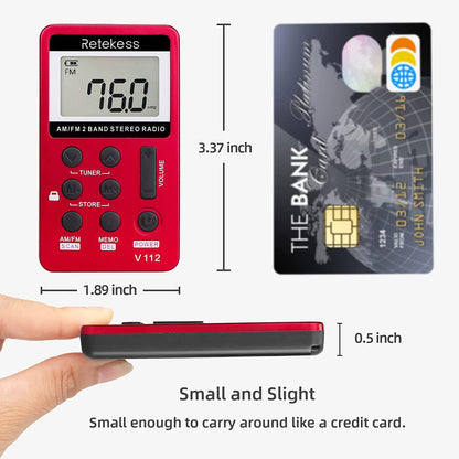 Retekess V112 AM FM Portable Pocket Radio, FM Receiver, Digital Tuning Stereo, with Headphones, Rechargeable Battery, for Walking, Jogging, Training, Church (Red)