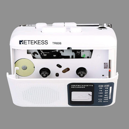 Retekess TR606 Cassette Tape Player, Cassette Player Recorder, Built-in Speaker, AUX/Microphone Jack, Support AUX Line in Record, AM FM Radio, Powered by DC or AA Battery (White)
