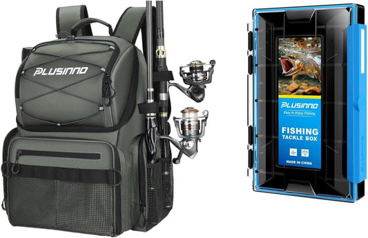 PLUSINNO Fishing Tackle Box, Waterproof Tackle Box Organizer with Removable Dividers, With Fishing Backpack