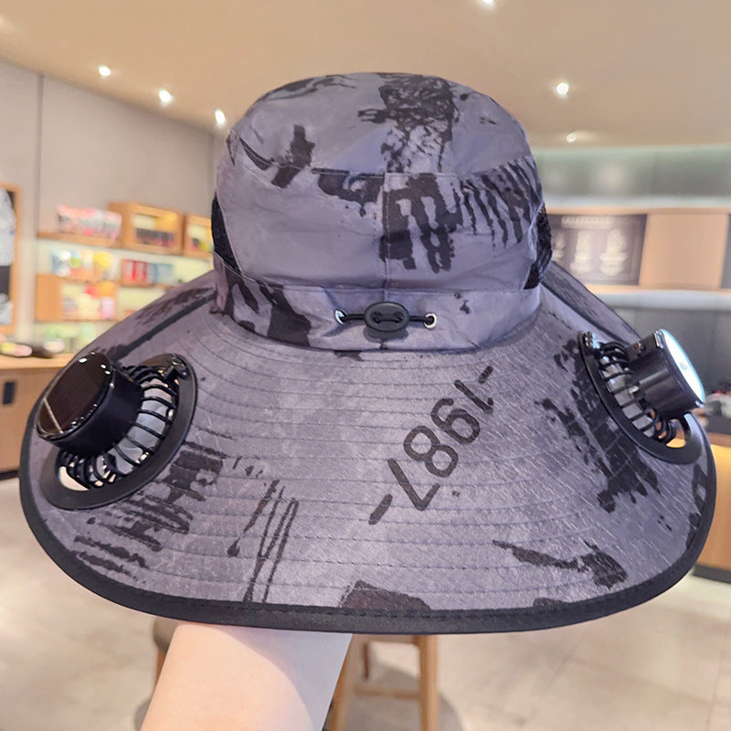 Solar powered fan large brim hat men's outdoor sunshade hat mountain climbing fisherman hat