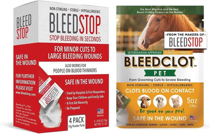 BleedStop™ First Aid Powder for Blood Clotting (4x15g, Pouches) and BleedClot Pet First Aid (5 oz, 1 Pouch)