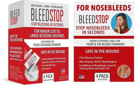 BleedStop™ First Aid Powder and Strip for Blood Clotting, Trauma Kit, Blood Thinner Patients, Camping Safety, and Survival Equipment for Moderate to Severe Bleeding Wounds or Nosebleeds