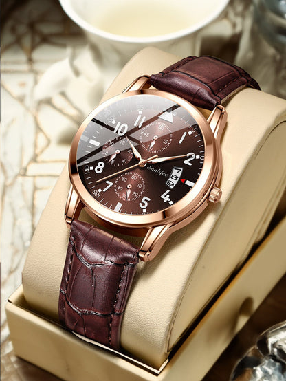 New Men's Watch Student Men's Night Light Waterproof Sports Leather Strap Black Quartz Watch