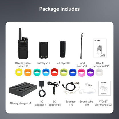 Retevis RT68 Two-Way Radios Long Range, Walkie Talkies for Adults, 2 Way Radio with Earpiece, Walkie Talkie Rechargeable with Charging Base, for Manufacturing Restaurant Business School(10 Pack)
