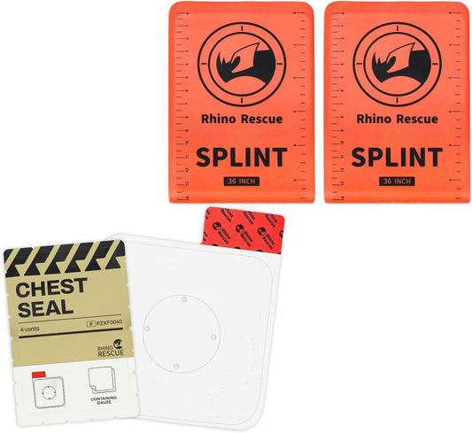 RHINO RESCUE Bundle-Vented Chest Seal, 4 Vents, Sterile Emergency Trauma Dressing, Occlusive Adhesive Pad+First Aid Splint 36" X 4.3" Orange-Gray, Keep Bones in Position (2, Folded)