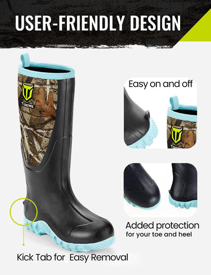 TIDEWE Rubber Boots for Women with Steel Shank, Waterproof Rain Boots Multi-Season, 6mm Neoprene Sturdy Rubber Outdoor Hunting Boots Next Camo G2 (Pink & Green)
