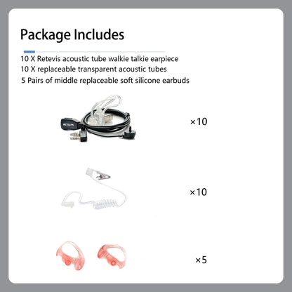 Case of 10, Retevis Walkie Talkies Earpiece with Mic 2 Pin Acoustic Tube Headset, for RT22 RT21 RT68 H777, Compatible with Pxton Baofeng BF-888S BF-T26 Kenwood walkie talkie, Two Way Radio Earpiece