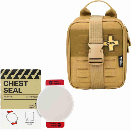 RHINO RESCUE Bundle- Non-Vented Chest Seal, IFAK Emergency Trauma Dressing+IFAK Trauma Kit, Tactical First Aid Kit Molle Pouch for Military， Coyote Brown