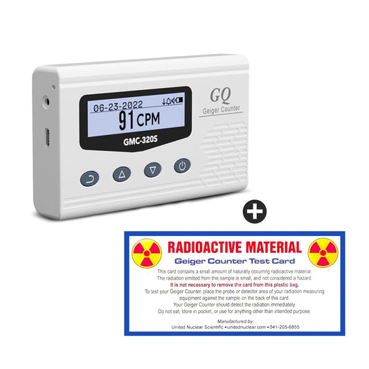 Bundle of 1 GQ GMC-320S Geiger Counter Nuclear Radiation Detector Dosimeter Beta Gamma X-ray Portable Radiation Monitor Meter USA Product and United Nuclear Geiger Counter Test Card