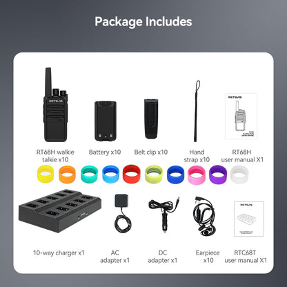 Retevis RT68 2 Way Radio, Long Range Walkie Talkies for Adults (10 Pack) with 10 Multi Way Charger, Easier Securer Charging, 1200mAh, Compact Handheld Two Way Radios Rechargeable for Industry