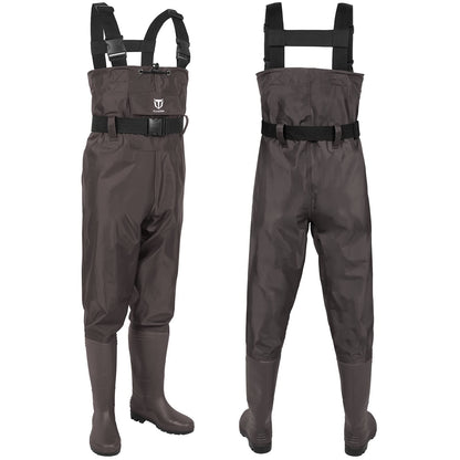TIDEWE Bootfoot Chest Wader, 2-Ply Nylon/PVC Waterproof Fishing Hunting Waders with Boot Hanger for Men Women Green Brown
