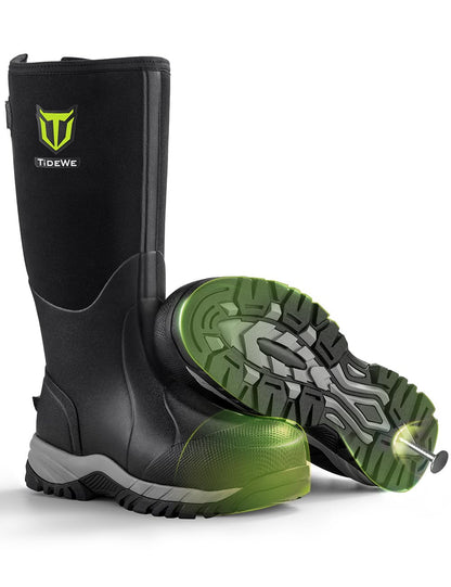TIDEWE Work Boots Puncture-Proof with Steel Toe & Shank, Waterproof Anti Slip Rubber Boots for men, 6mm Neoprene Outdoor Boots, Durable Hunting Boots for Manufacturing, Construction, Farming(Black,Size 7-13)
