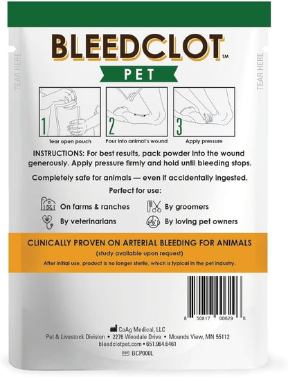 BleedStop™ First Aid Powder for Blood Clotting (4x15g, Pouches) and BleedClot Pet First Aid Powder (4x0.5oz, Pouches)