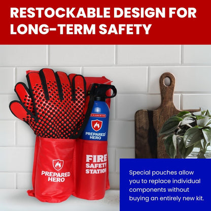 Fire Safety Station by Prepared Hero - Includes The Emergency Fire Blanket, Hero Fire Spray & Heat Resistant Gloves - Fire Extinguisher for Home - Fire Blanket for Home and Kitchen