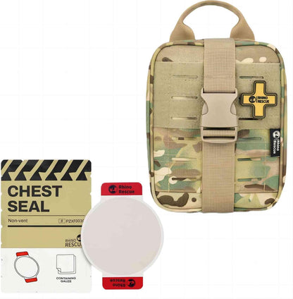 RHINO RESCUE Bundle- Non-Vented Chest Seal, IFAK Emergency Trauma Dressing+IFAK Trauma Kit, Tactical First Aid Kit Molle Pouch for Military Camo