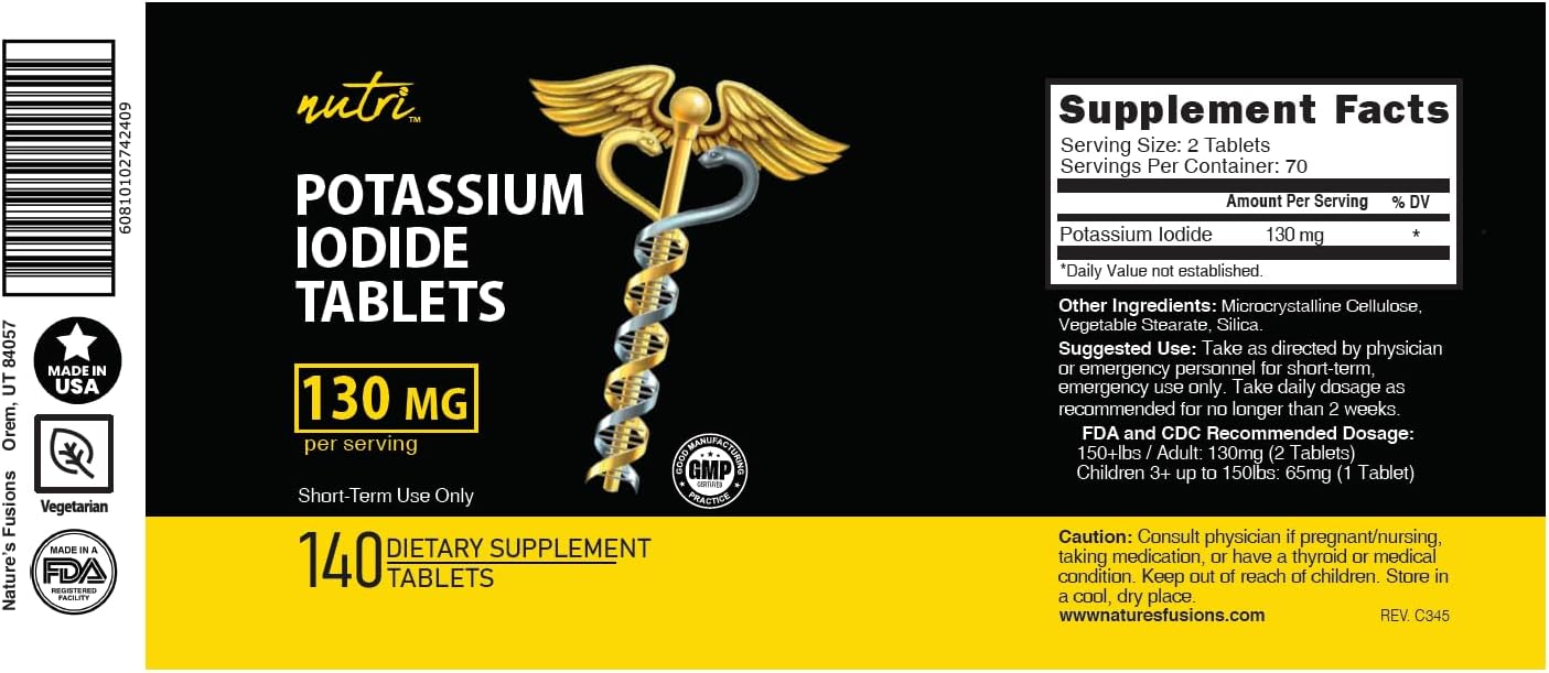 Potassium Iodide Tablets 130 mg - (60 Tablets) 10 Year Shelf-Life EXP 2034 to 2035 - Ki Pills - Yoduro de potasio - Nutri Supplements - 3rd Party Tested - NSF cGMP Certified Facility - Shelf Stable