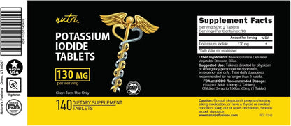 Potassium Iodide Tablets 130 mg - (60 Tablets) 10 Year Shelf-Life EXP 2034 to 2035 - Ki Pills - Yoduro de potasio - Nutri Supplements - 3rd Party Tested - NSF cGMP Certified Facility - Shelf Stable