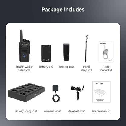 Retevis RT68 Two-Way Radios Long Range, Walkie Talkies for Adults, 2 Way Radio with Earpiece, Walkie Talkie Rechargeable with Charging Base, for Manufacturing Restaurant Business School(10 Pack)