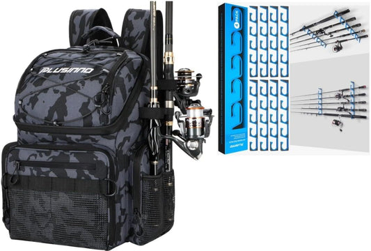 PLUSINNO H5 Horizontal Fishing Rod/Pole Holders for Garage, 45L With Fishing Backpack