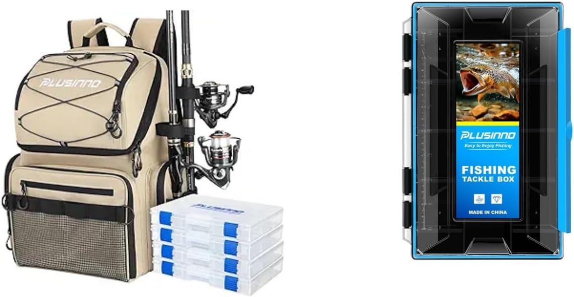 PLUSINNO Fishing Backpack with Rod Holders & Cooler, 45L Large Water-resistant Fishing Tackle Bag and Fishing Tackle Box, Waterproof Tackle Box