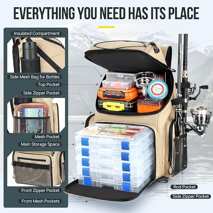 PLUSINNO Fishing Backpack with Rod Holders & Cooler, 45L Large Water-resistant Fishing Tackle Bag and Fishing Tackle Box, Waterproof Tackle Box