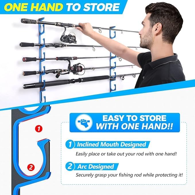 PLUSINNO Fishing Backpack with Rod Holders & Cooler H5 Horizontal Fishing Rod/Pole Holders for Garage, Wall or Ceiling Mounted Fishing Rod Rack