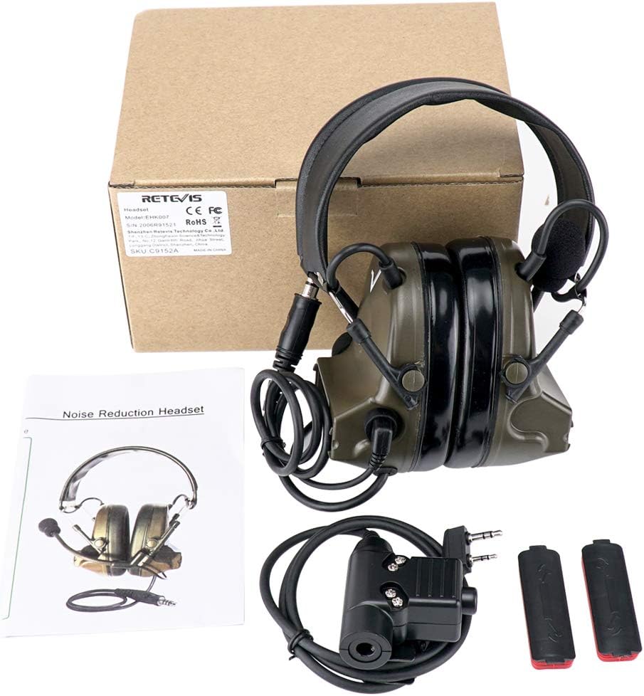 Retevis EHK007 Tactical Headset,Hunting & Shooting Earmuffs with Mic, Sound Amplification, Noise Reduction Walkie Talkie Headset, Compatible with Baofeng UV-5R BF-F8HP PRO AR-5RM RT22 RT86 B3H(1 Pack)