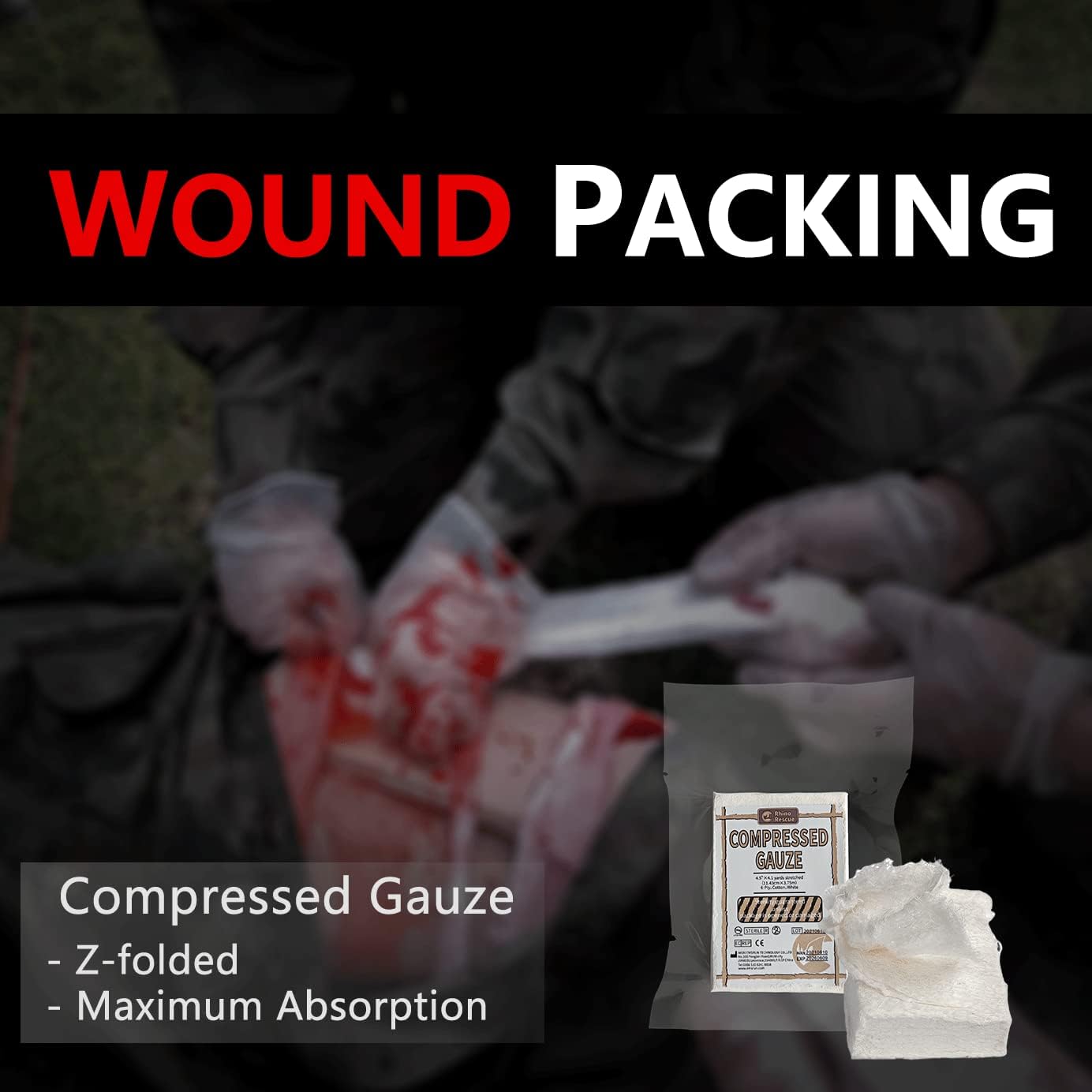 RHINO RESCUE Sterile Compressed Gauze for Emergency Wound Dressing+IFAK Trauma Kit with C-A-T Tourniquet(PRO, Black)