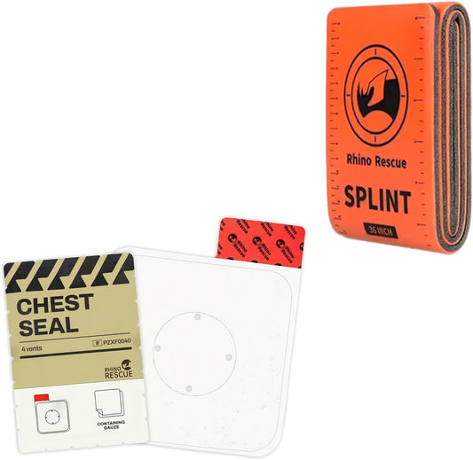 RHINO RESCUE Bundle-Vented Chest Seal, 4 Vents, Sterile Emergency Trauma Dressing, Occlusive Adhesive Pad+First Aid Splint 36" X 4.3" Orange-Gray, Keep Bones in Position