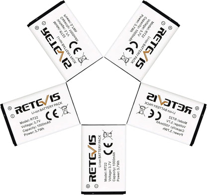 Retevis RT22 RT22S RT15 RT19 walkie talkies Battery Original 3.7V Li-ion Battery 1000mAh Compatible RT22 RT22S RT15 RT19 WLN KD-C1 Walkie Talkies (5 Pack)
