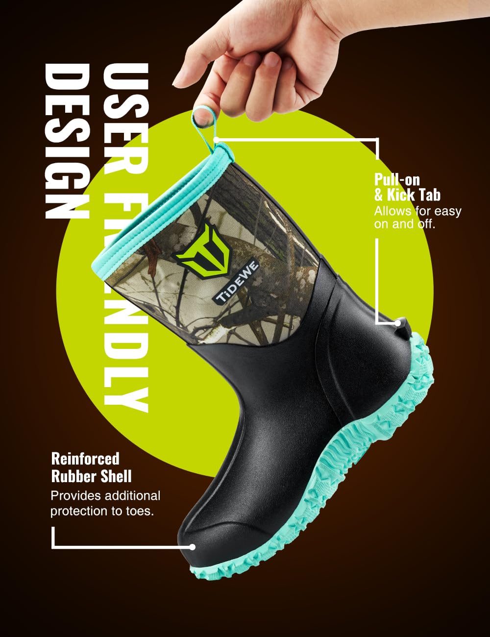 TIDEWE Rubber Boots for Women with Steel Shank, 6mm Neoprene Waterproof Insulated Mid Calf Rain Boots, Sturdy Hunting Work Boots for Farming Gardening Fishing