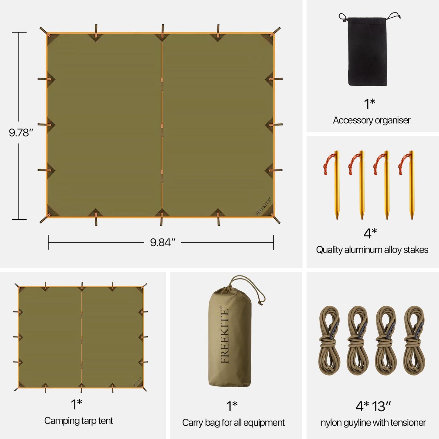 Camping Tarp Tent Portable Multifunctional Bushcraft Backpacking Tear-Resistant Fabric Rain Fly Tarps Awning Shelter Lightweight Waterproof Tarp(10×10 tarp)