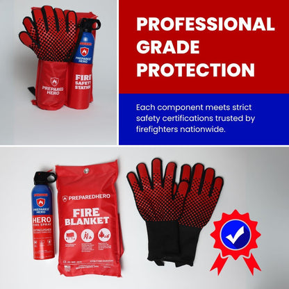 Fire Safety Station by Prepared Hero - Includes The Emergency Fire Blanket, Hero Fire Spray & Heat Resistant Gloves - Fire Extinguisher for Home - Fire Blanket for Home and Kitchen