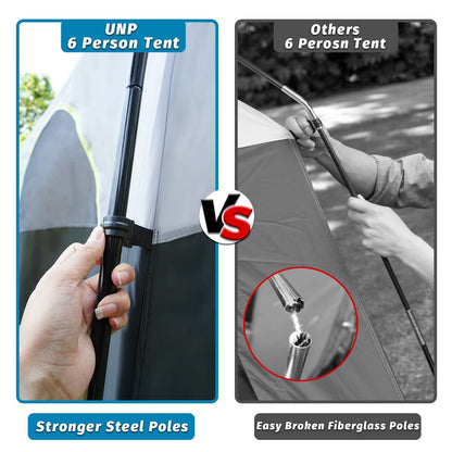 UNP Tents 6 Person Waterproof Windproof Easy Setup,Double Layer Family Camping Tent with 1 Mesh Door & 5 Large Mesh Windows -10'X9'X78in(H)