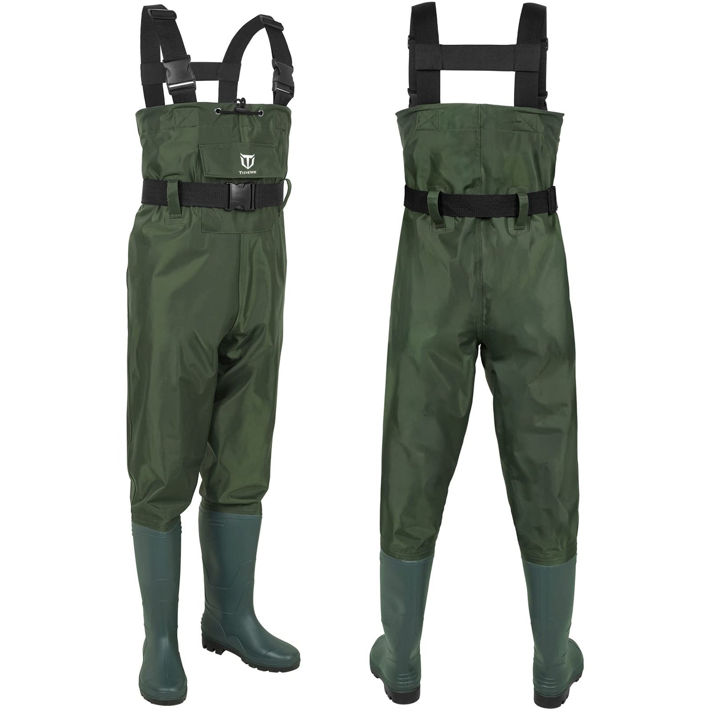 TIDEWE Bootfoot Chest Wader, 2-Ply Nylon/PVC Waterproof Fishing Hunting Waders with Boot Hanger for Men Women Green Brown
