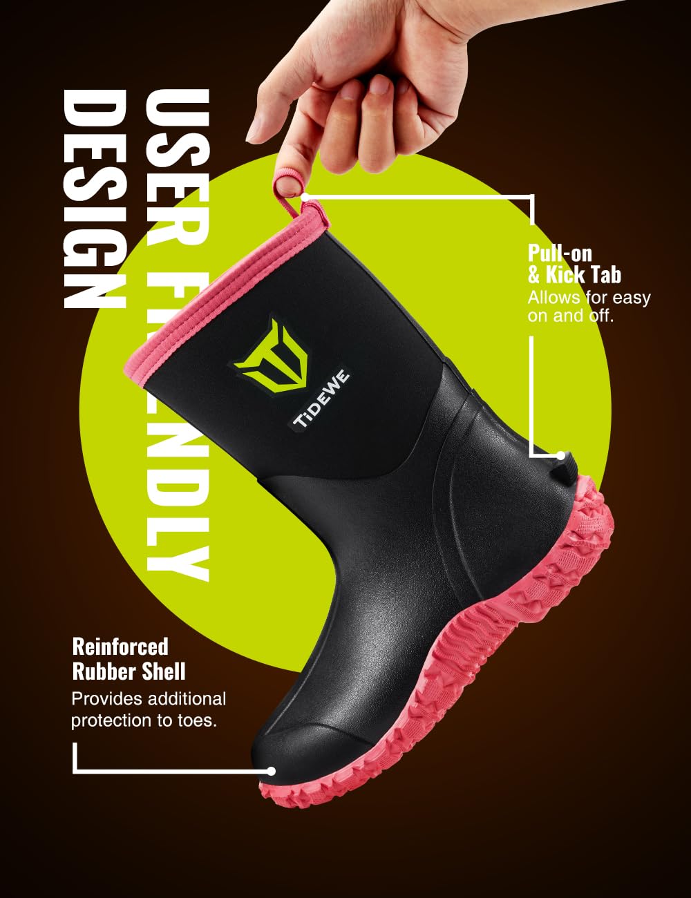 TIDEWE Rubber Boots for Women with Steel Shank, 6mm Neoprene Waterproof Insulated Mid Calf Rain Boots, Sturdy Hunting Work Boots for Farming Gardening Fishing